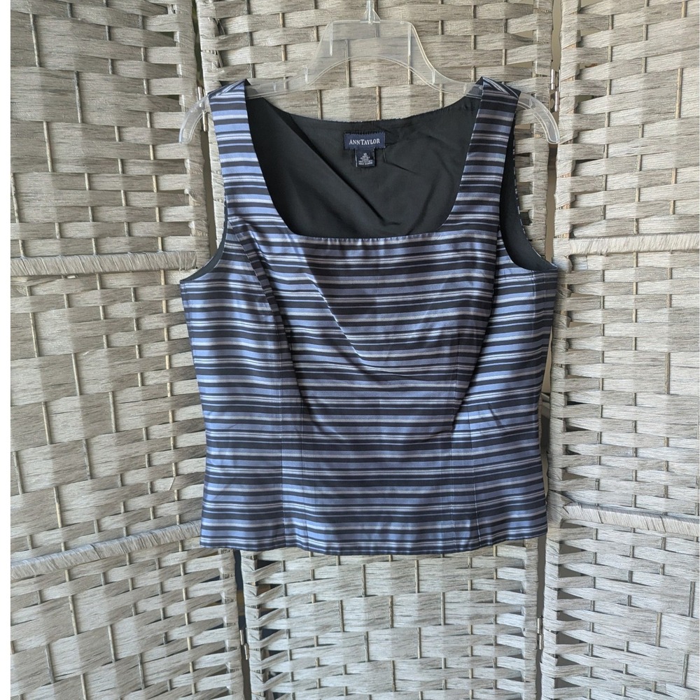 Ann Taylor Silk Tank Shell Top Blue Striped Square Neck Sleeveless Sz 10 Office